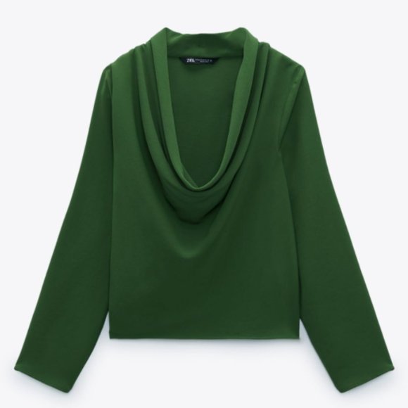 ZARA KELLY GREEN COWL FLOWY NECKLINE LONG SLEEVE BLOUSE - Picture 2 of 13